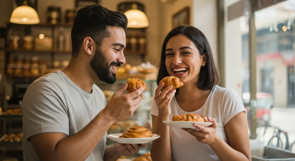 Pareja desayunando en las panaderías kuty